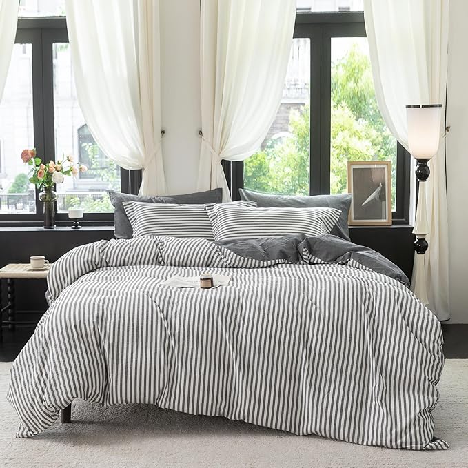 Reversible Duvet Cover Set 100% Washed Cotton Dark Grey Stripe Linen Feel Duvet Cover King Size with Zipper Closure & 2 Pillow Shams,Dark Grey/White Stripe Reverse Solid Dark Grey