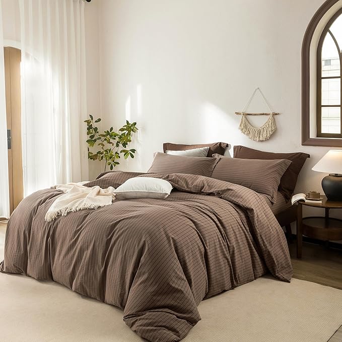Stripe Duvet Cover King Size 104inch x 90inch,100% Washed Cotton Pinstripe Duvet Cover with Zipper Closure and 2 Pillowcases, Color of Light Brown-Black Stripe