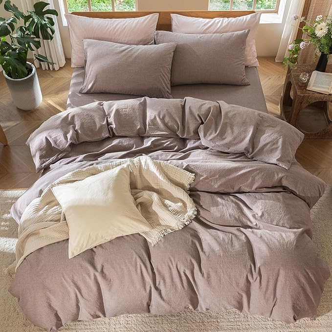 MooMee Bedding Duvet Cover Set 100% Washed Cotton Linen Like Textured Breathable Durable Soft Comfy (Heathered Mauve Brown, Oversized King Plus 128"x120")