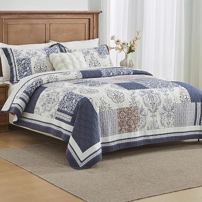 100% Cotton Quilt Set Queen Size - Floral Quilted Comforter, Patchwork Botanical Queen Quilt Bedspread, Reversible Vintage Farmhouse Lightweight Bedding for Queen Bed, 3pcs, Blue/Beige