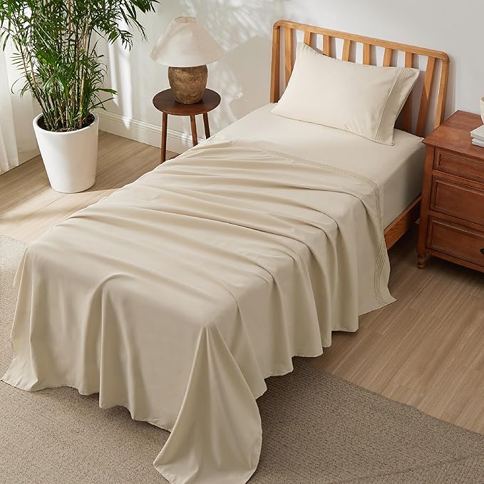 Bedsure Deep Pocket Twin Sheets Set - Fits Mattresses Up to 21 Inches Thick -3 Piece GentleSoft Bed Sheets, Moisture Wicking, Soft & Cooling Bedsheet & Pillowcases, Easy & Secure Fit, Beige