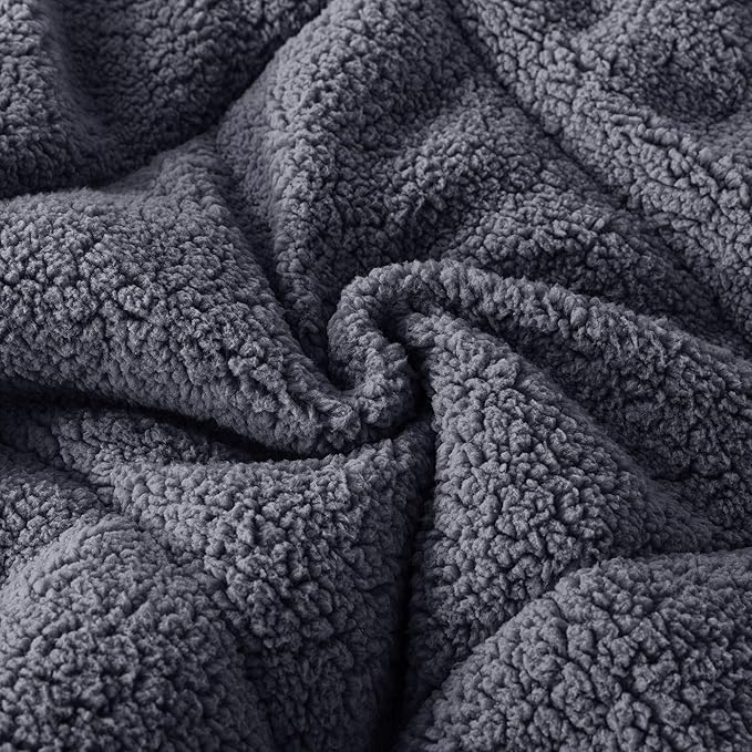 KASENTEX Super Ultra Soft Luxury Plush Sherpa Comforter, Cozy Reversible Fleece - Goose Down Alternative Fill, Machine Washable Bedding, Excalibur Grey, Queen Size