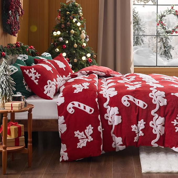 Bedsure Fluffy Christmas Duvet Cover Set - Winter Warm 3 Pieces King Size Ultra Soft Plush Shaggy Bedding Set with Bell Candy Sticks Patten,Red