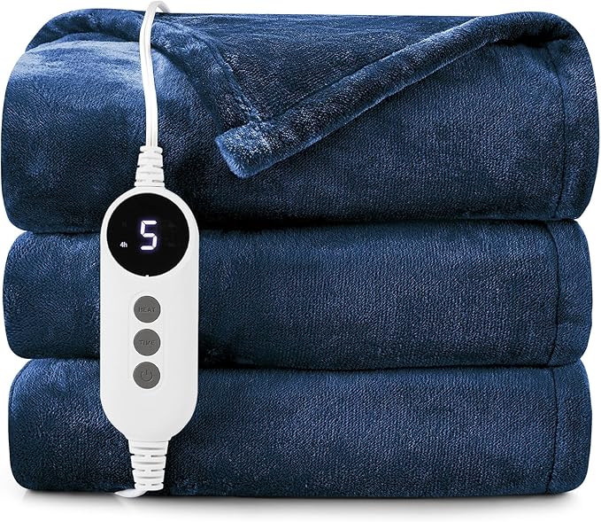 HYLEORY Heated Electric Blanket Throw, 2-Layer Cozy Warm Flannel 62" x 84", Heating Blanket with 9 Heating Levels, 2/4/6/10 Hours Auto Off, Fast Heating Winter Blanket, Navy Blue