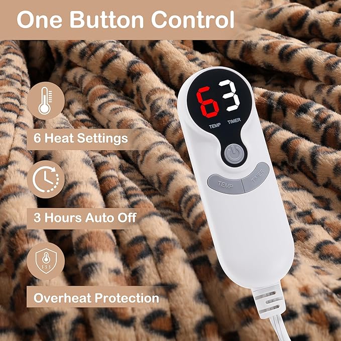 Electric Heated Blanket Throw Size 50" x 60", Super Cozy Soft with 6 Heating Levels & 3 Hours Auto Off, Soft & Comfort, Machine Washable, Home Office Use, Brown Leopard Print