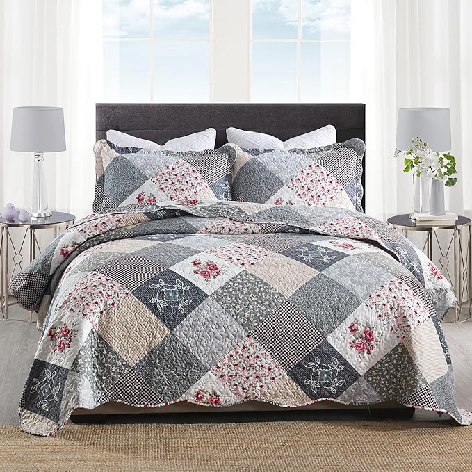 HoneiLife Quilt Set Queen Size - 3 Piece Microfiber Quilts Reversible Bedspreads Patchwork Coverlets Floral Bedding Set All Season Quilts-Grey Rose,Queen/Full Size