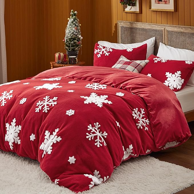 Bedsure Fluffy Duvet Cover Set - Ultra Soft Plush Shaggy Comforter Cover Queen Size, Warm Flannel Fleece Bed Sets for Winter, 3 Pieces, Snowflake Pattern, Red