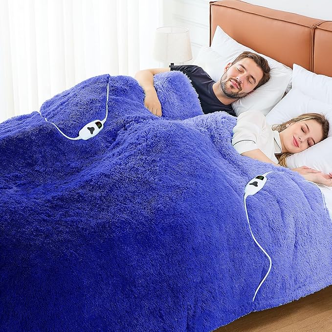 Heated Electric Blanket Queen–Faux Fur with Soft Thick SherpaWarm Winter Birthday Gifts for Women Grandma,Dual Control,10 Heat Settings,5 Time Settings, 84x90, Glacier Blue