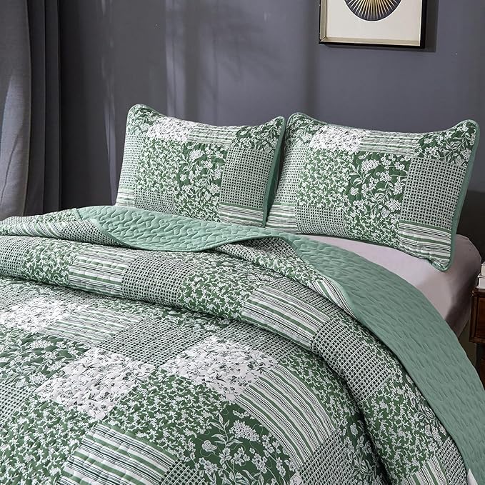 Mybedsoul Green Quilt Set Full Size, 3 Pieces Plaid Floral Bedspread Set Patchwork Reversible Bedding Set Microfiber Lightweight Bedspread Coverlet Set for All Season 78"x90"