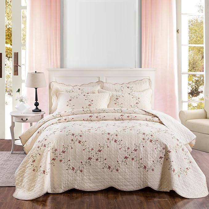 Quilt Set Classical 3D Floral Embroidery Pattern 3-Piece Cotton Reversible Quilted Embroidered Decorative Bedspreads Coverlet Bedding Set, Lightweight &Soft,Beige,King Size