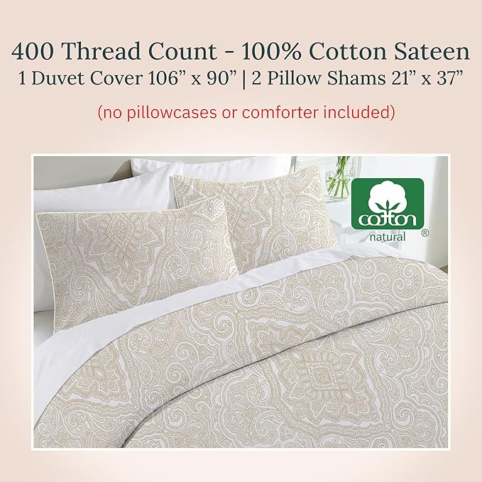 California Design Den 3 Piece King Size Duvet Cover Set, 400 Thread Count 100% Cotton Sateen, Soft Luxury Sateen Comforter Cover and Two Pillow Shams, Button Closure and Corner Ties (Paisley Beige)