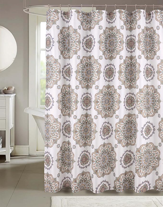 Serafina Home Hotel Quality Fabric Bathroom Shower Curtain: Floral Damask - Blue, Green, Brown, Taupe and Creme (72 x 70 inches)