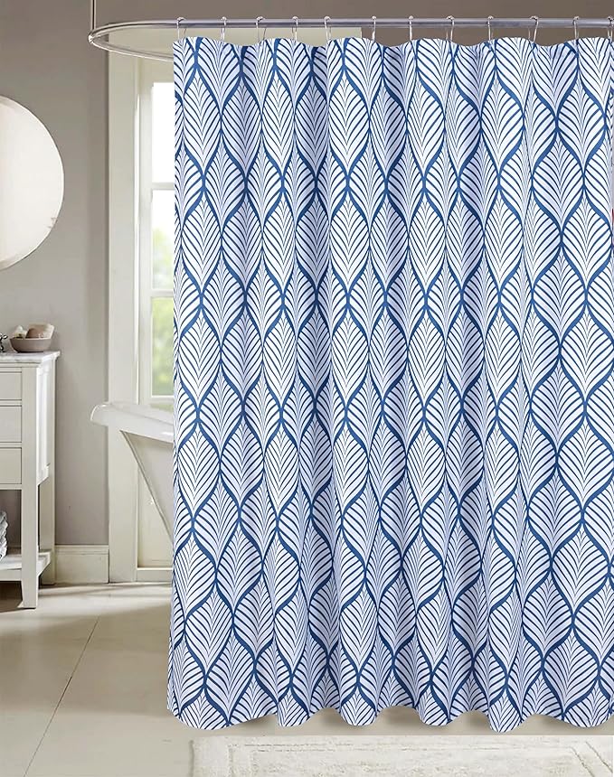 Serafina Home Hotel Quality Fabric Bathroom Shower Curtain: Tropical Palm Leaf - Navy and White (72 x 70 inches)