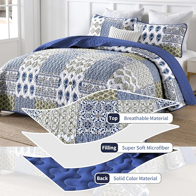 Mybedsoul Blue Quilt Set Queen Size 3 Pieces Boho Plaid Aqua Blue Floral Bedspread Set Microfiber Lightweight Bohemian Bedding Set for All Season (1 Quilt + 2 Pillow Shams) 90"x96"