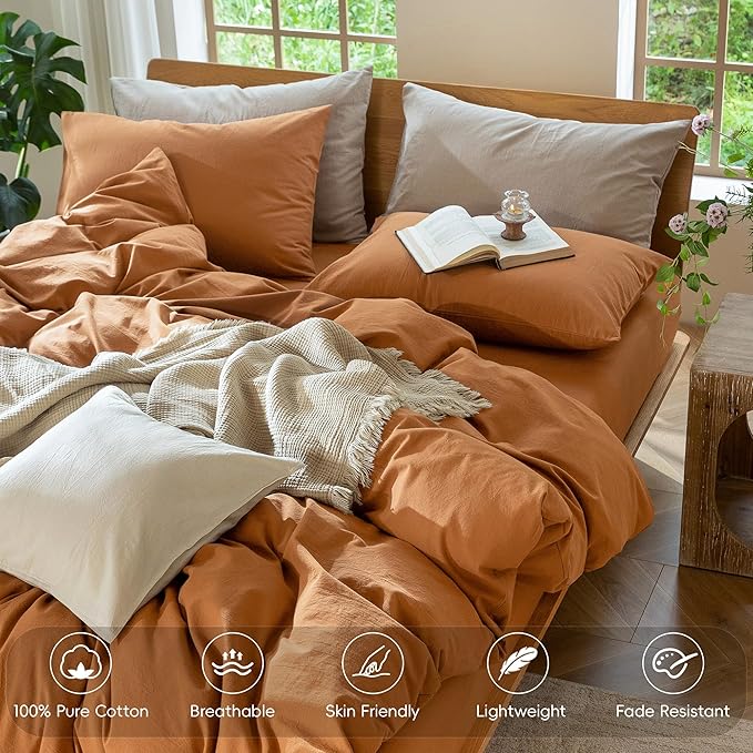 MooMee Bedding Duvet Cover Set 100% Washed Cotton Linen Like Textured Breathable Durable Soft Comfy (Solid Burnt Orange, Cal King 104"x98")