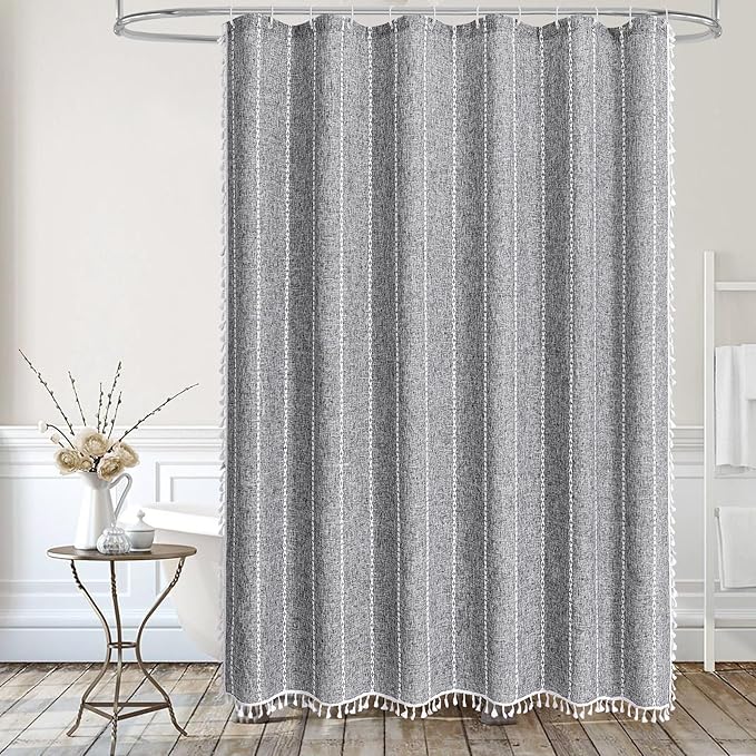MitoVilla Dark Grey Farmhouse Shower Curtain Set 72 x 78, Boho 78 inch Long Polyester Linen Tassel Fabric Shower Curtain Set for Chic Cottagecore French Rustic Bathroom Decor, Charcoal Grey