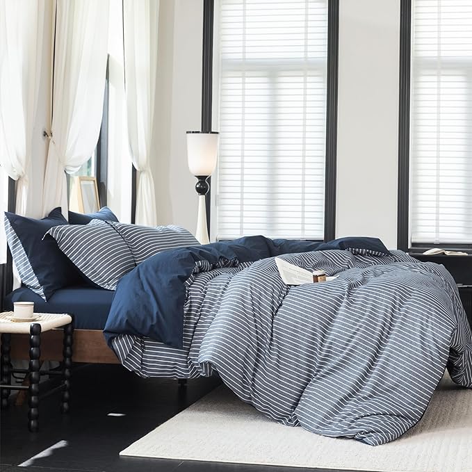 Reversible Duvet Cover Set 100% Washed Cotton Blue Stripe Linen Feel Duvet Cover King Size with Zipper Closure & 2 Pillow Shams,Navy/White Stripe Reverse Solid Navy