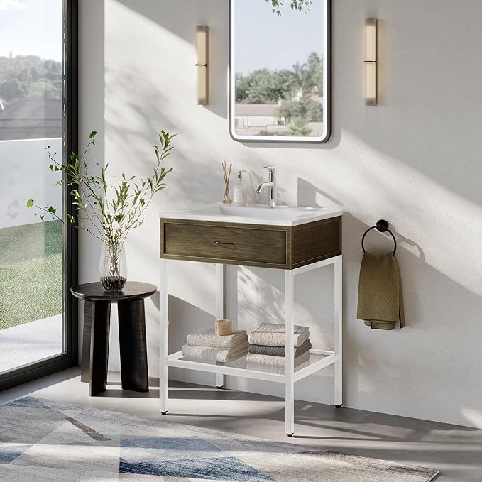 24 Inches Bathroom Vanity with Resin Sink, Single Sink Modern Cabinet Set, Stainless Steel Frame with Tempered Glass Open Shelf, Freestanding Bathroom Storage Cabinet Combo, White