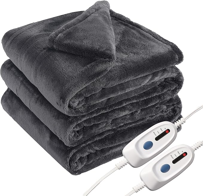 Electric Heated Blanket Queen Size 84"x90", Dual Controllers, Cozy Large Oversized, 4 Heating Levels & 10 Hours Auto Off, Cozy for Bed, Sofa, & Office, Machine Washable, Dark Gray