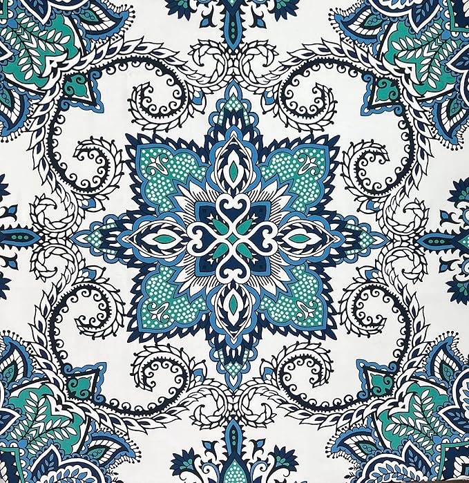 Serafina Home Boho Shower Curtain, Navy Teal White Mandala Floral Design, Fabric, 72 x 72 inches, Stain-Resistant, Paisley Pattern, with Hooks