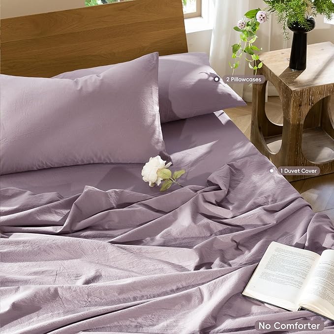 MooMee Bedding Duvet Cover Set 100% Washed Cotton Linen Like Textured Breathable Durable Soft Comfy (Solid Taro Purple, Palatial King/Oversized King 120"x98")