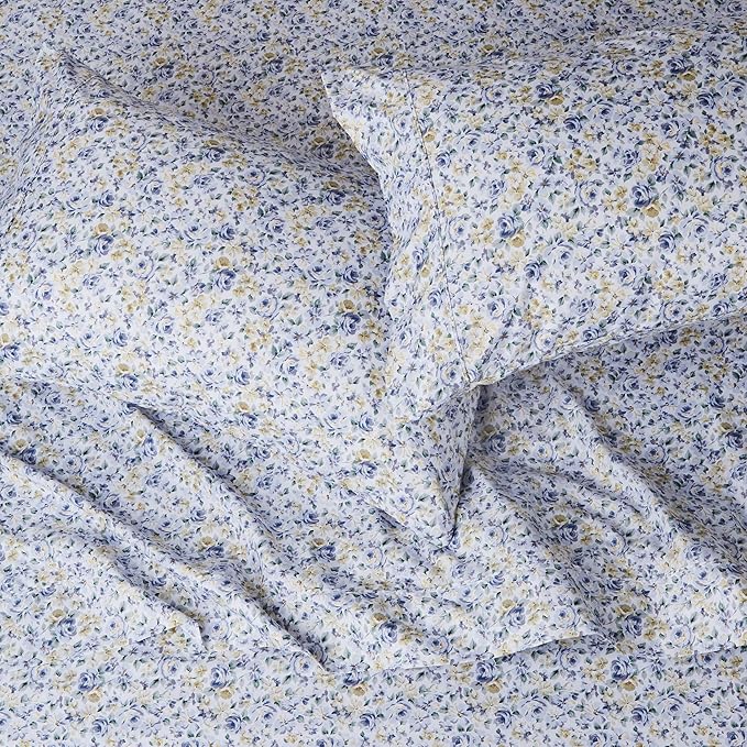 Amazon Basics Lightweight Super Soft Easy Care Microfiber 4 Piece Bed Sheet Set With 14-inch Deep Pockets, Full, Blue Floral,Printed