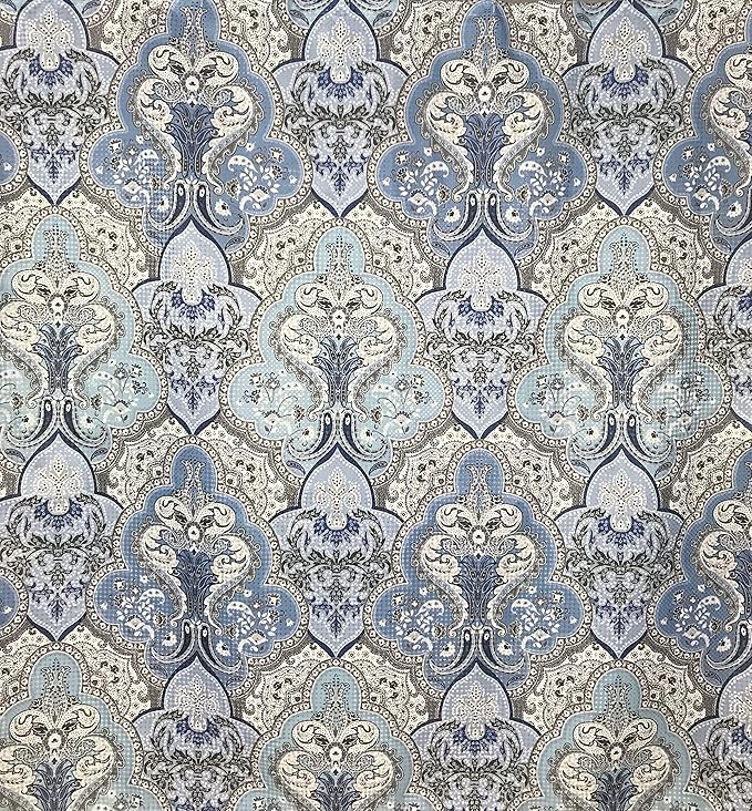 Decorative Blue & Silver Grey Gray Boho Fabric Shower Curtain, Modern Farmhouse for Vintage Rustic Bathroom Decor, Floral Victorian, 72 x 70