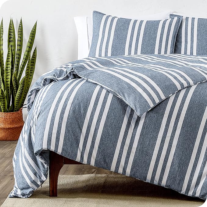Bare Home Bedding Duvet Cover Full Size - Premium 1800 Super Soft Collection - Lightweight, Cooling Duvet Cover - Soft Breathable (Full, Stripe - Heathered Midnight Blue)