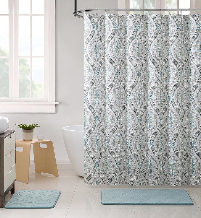 Serafina Home Hotel Quality Fabric Bathroom Shower Curtain: Modern Damask Paisley - Beige, Green and Taupe (72 x 70 inches)