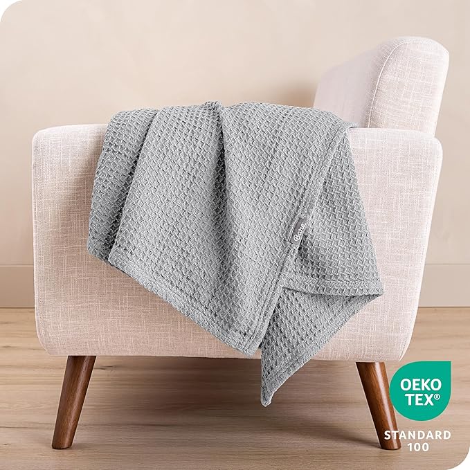 Bare Home Light Grey Waffle Blanket, 108Wx90L, 100% Cotton, Soft & Breathable Throw for All Seasons, Lightweight Blanket, Perfect for Layering Bed, Sofa & Couch (King/Cal King, Light Grey)