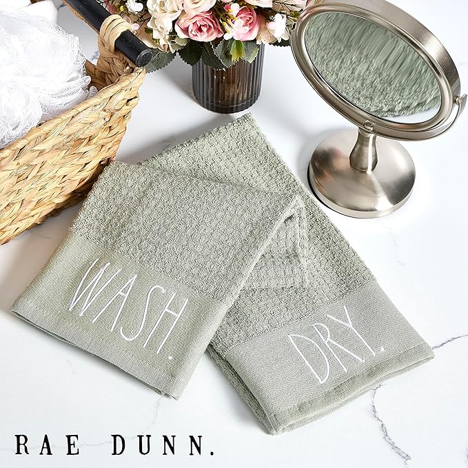 Rae Dunn Hand Towels, Embroidered Decorative Hand Towel for Kitchen and Bathroom, 100% Cotton, Sage- Wash/Dry, 16"x 26"