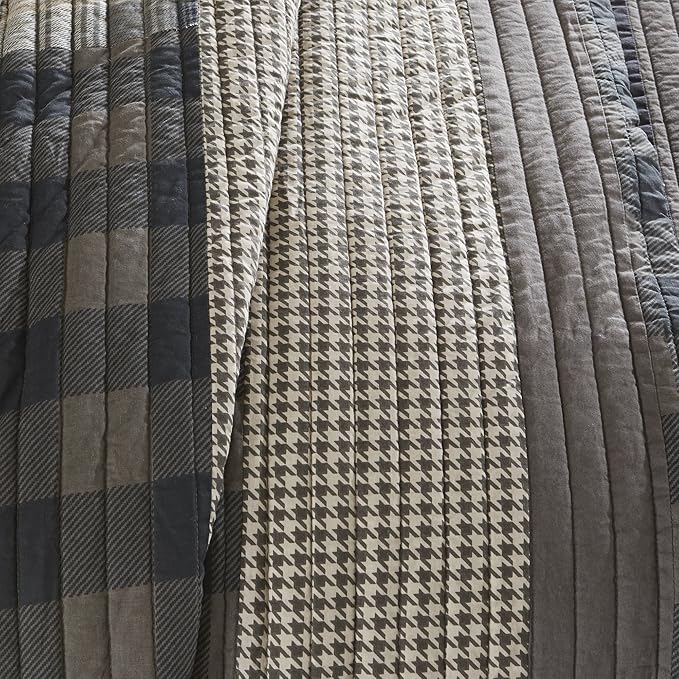Woolrich Winter Plains Reversible Quilt Set - Cottage Styling Reversed to Solid Color, All Season Lightweight Coverlet, Cozy Bedding Layer, Matching Shams, Oversized Full/Queen, Stripes Taupe 3 Piece