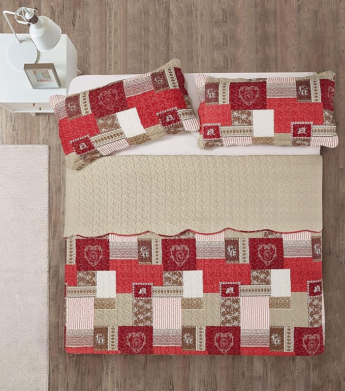 Brilliant Sunshine Burgundy Heart Love, Floral and Lace Patchwork, 3-Piece Quilt Set with 2 Shams, Reversible Bedspread, Soft Lightweight Coverlet, All-Season, King, Burgundy