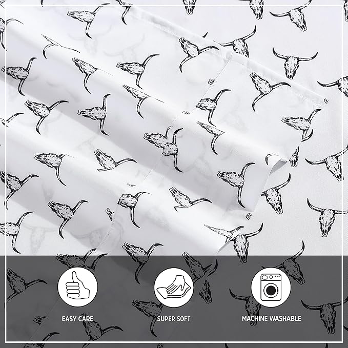 Wrangler - King Bed Sheets, Ultra-Soft & Lightweight Bedding with Matching Pillowcases, Lightweight Bed Set for All Season Comfort, Oeko-Tex Certified (Steer Skulls Black)