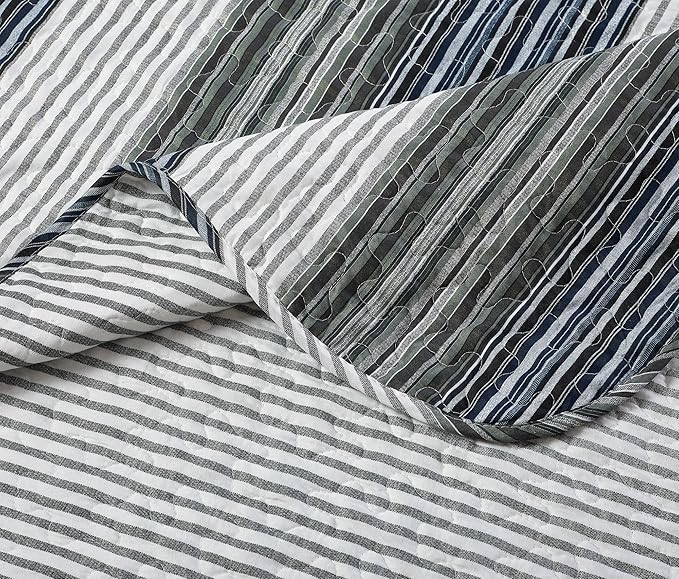 Brilliant Sunshine Multi Grey Stripes Patchwork, 2-Piece Quilt Set with 1 Sham, Reversible Bedspread, Soft Lightweight Coverlet, All-Season, Twin, Multi Grey