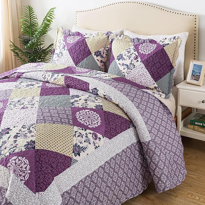 HoneiLife Queen Size Quilt Sets - 3 Pieces Queen Quilt Bedding Set Microfiber Quilt Set Lightweight Bedspreads Reversible Coverlets Retro Bed Cover Floral Bedding Set All Season Quilts-Beige & Purple