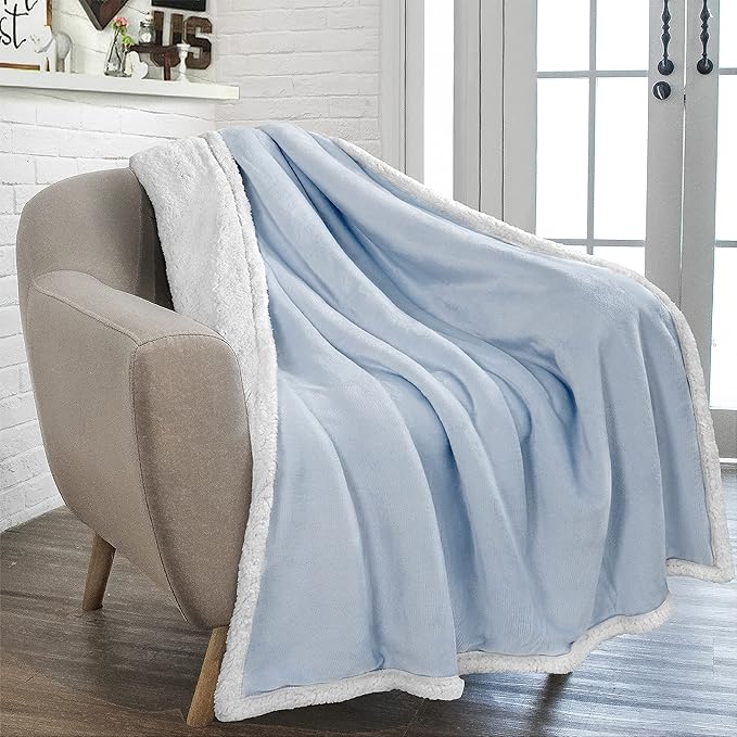PAVILIA Sherpa Fleece Throw Blanket for Couch, Light Blue, Plush Soft Fuzzy Sofa Blanket, Cozy Reversible Winter Throw for Women Men, 50x60 Inches