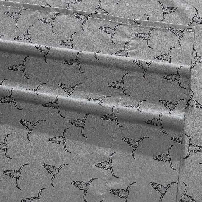 Wrangler - Full Bed Sheets, Ultra-Soft & Lightweight Bedding with Matching Pillowcases, Lightweight Bed Set for All Season Comfort, Oeko-Tex Certified (Steer Skulls Grey)