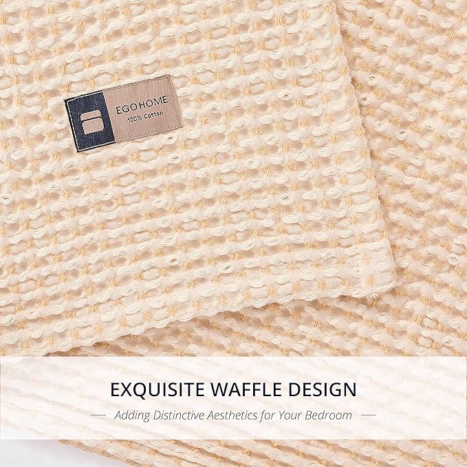 EGOHOME 100% Cotton Throw Blanket for Couch,Cotton Waffle Weave Blanket for All Seasons,Soft Lightweight Breathable Jacquard Dual-Tone Textured Blanket-Banana Cream,50 x 60 Inches