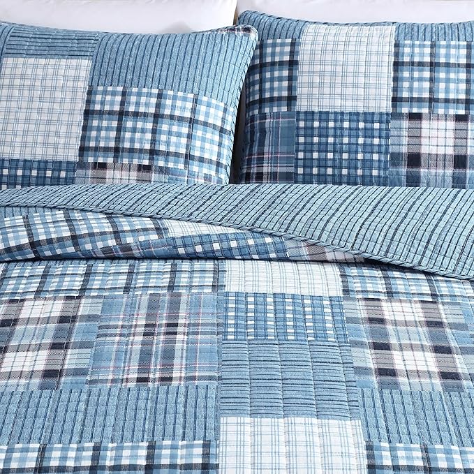 Eddie Bauer - Queen Quilt Set, Reversible Cotton Bedding with Matching Shams, Patchwork Plaid Bedding Set (Hawthorne Blue, Queen)
