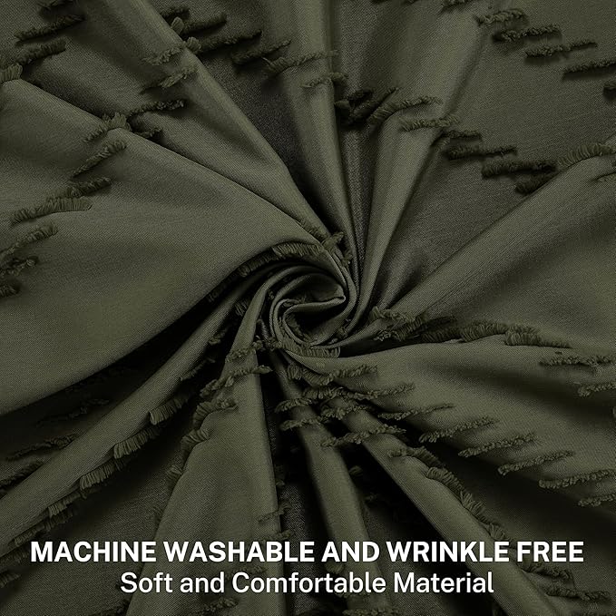 Boho Extra Long Olive Green Shower Curtain with Tassel, Woven Fabric, Tufted Chevron Striped, 72 x 78, Modern Chic Textured Minimalist