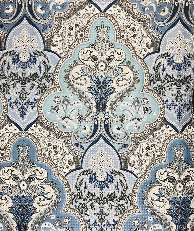 Decorative Blue & Silver Grey Gray Boho Fabric Shower Curtain, Modern Farmhouse for Vintage Rustic Bathroom Decor, Floral Victorian, 72 x 70