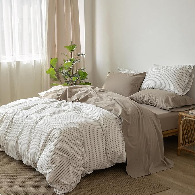 MooMee Bedding Sheet Set 100% Washed Cotton Linen Like Textured Breathable Durable Soft Comfy (Solid Mocha Brown, Full)