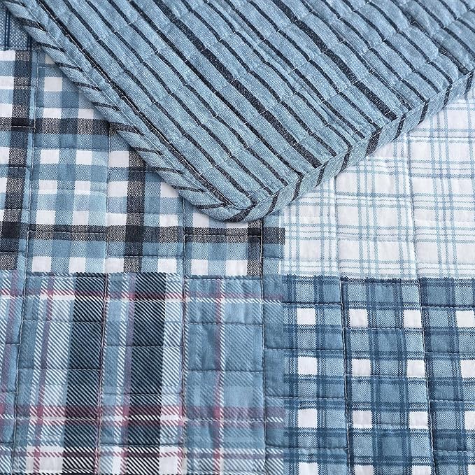 Eddie Bauer - Queen Quilt Set, Reversible Cotton Bedding with Matching Shams, Patchwork Plaid Bedding Set (Hawthorne Blue, Queen)