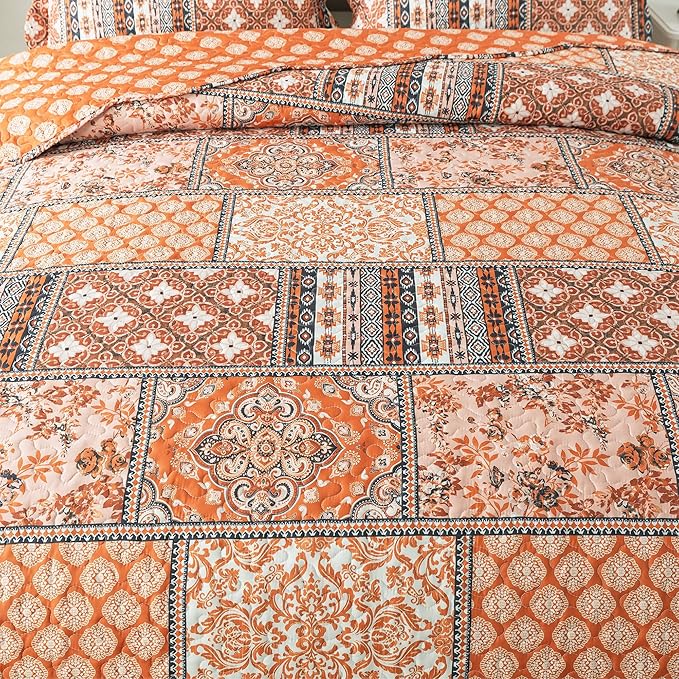 HoneiLife King Quilt Bedding Set - 3 Pieces Vintage Quilt Sets Microfiber Bedspreads Floral Coverlets Retro Bed Cover All Season Quilts-Pumpkin