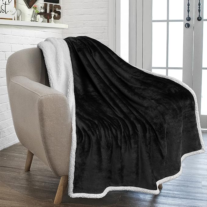 PAVILIA Sherpa Fleece Throw Blanket for Couch, Twin Size, Black, Plush Soft Fuzzy Sofa Blanket, Cozy Reversible Winter Throw for Women Men, 60x80 Inches
