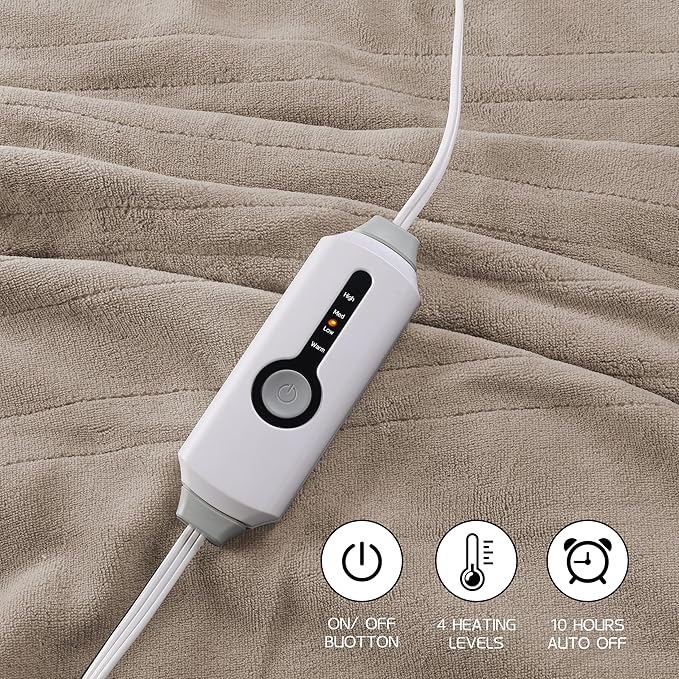 Heated Electric Blanket 62"x84" Twin Size, Soft Coral Fleece Blanket with 4 Heating Levels & 10 Hours Auto-Off, Fast Heating, Warm Cozy, Machine Washable for Home & Office - Light Brown