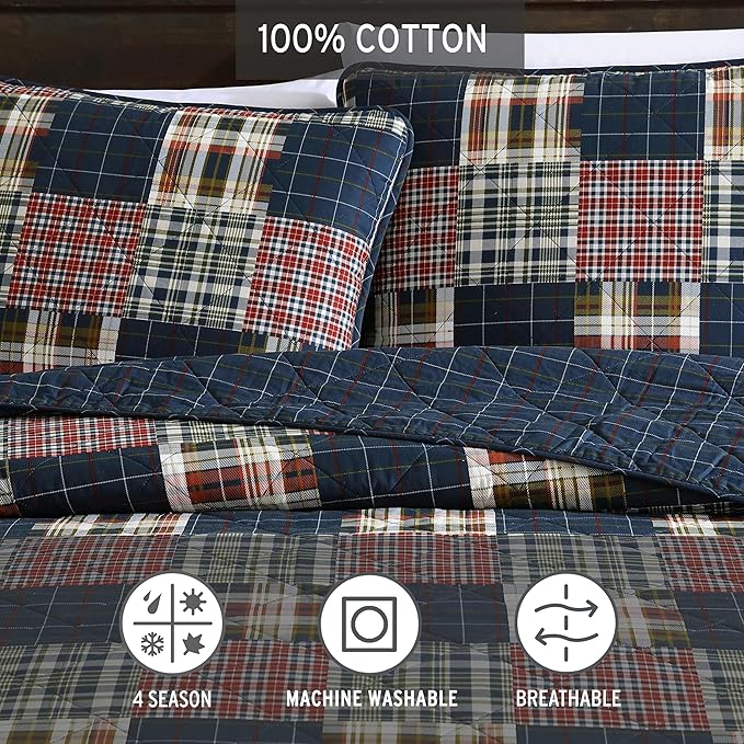 Eddie Bauer - King Quilt Set, Cotton Reversible Bedding with Matching Shams, Luxurious Bedding Set (Madrona Navy/Red, King)