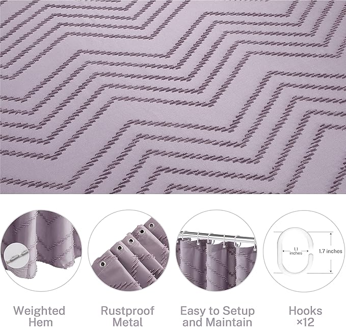 Purple Boho Shower Curtain Woven Fabric Purple Cute Shower Curtain Modern Farmhouse Textured Tufted Chevron Striped Minimalist 72 x 72 Bathroom Shower Curtain