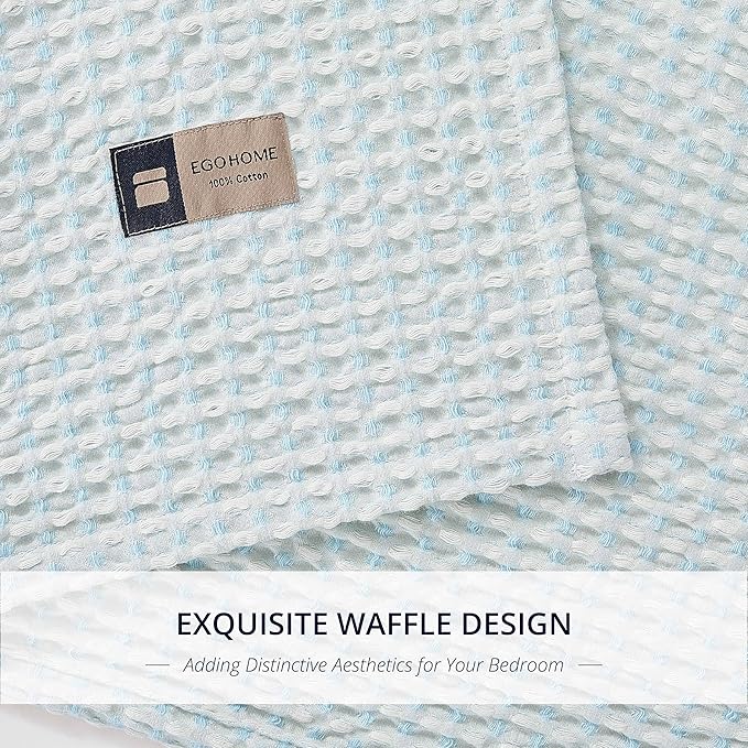 EGOHOME 100% Cotton Queen Size Blankets for Bed,Soft Jacquard Waffle Weave Blanket,Lightweight and Breathable Unique Dual-Tone Texture Cotton Blanket for All Seasons-Angel Falls Blue,90 x 90 Inches